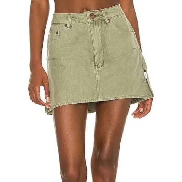 ONETEASPOON Vanguard Mid Rise Relaxed Denim Mini Skirt In Olive - Picture 1 of 11